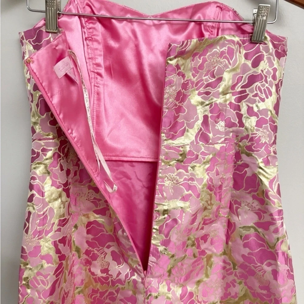 Lilly Pulitzer Silk Raya Dress Pink Gold Jacquard Mini Strapless Sweetheart Sz 8 - Picture 6 of 10